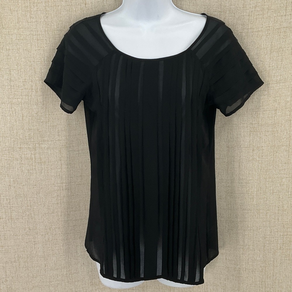 LOFT Blouse Women XS Black Pleated Sheer Short Sleeve Minimalist Classic
